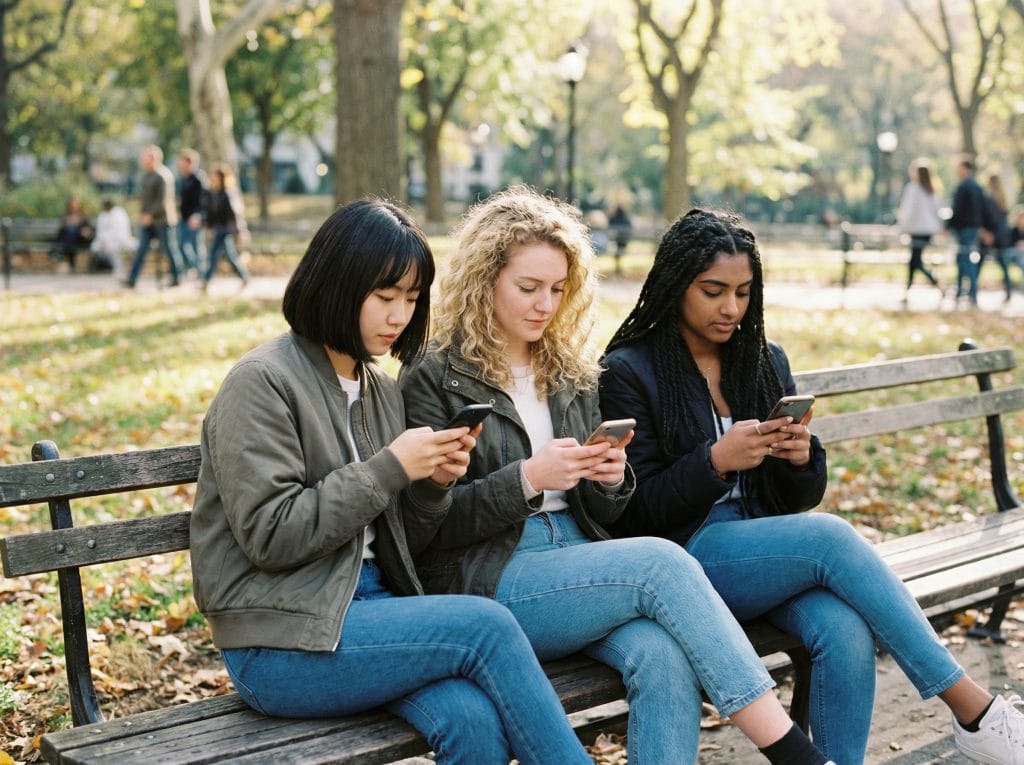Teen girls addicted to social media, sitting together but on their phones